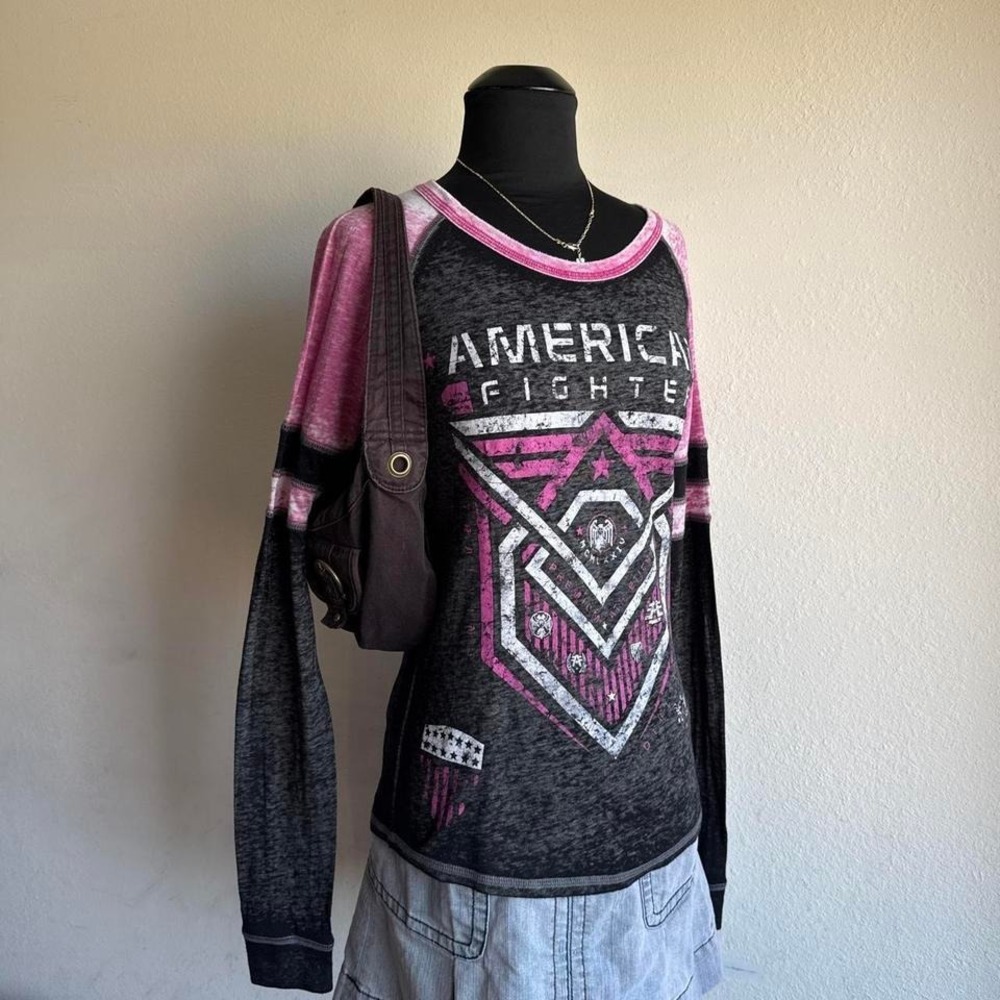 American Fighter Charcoal Burnout Raglan Pink Colorblock MMA Tee Sz S